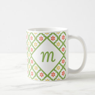 Caneca De Café Cinzas e Monograma de Quatrefoil Verde Girly
