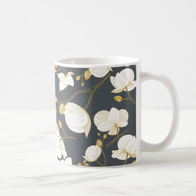 Caneca De Café cinzas modernas florais elegantes e Douradas (Direita)