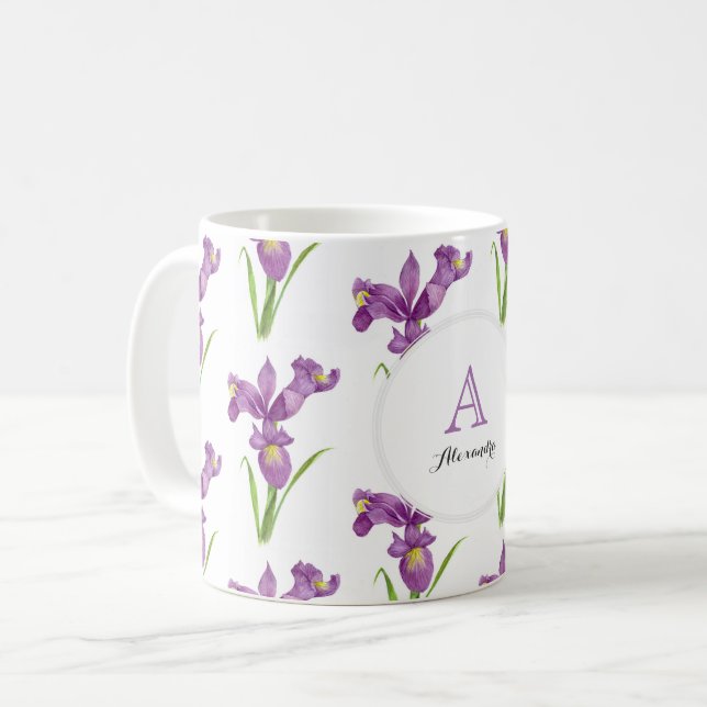 Caneca De Café Círculo de Monograma de Arte Floral de Surge Roxo  (Frente Esquerda)