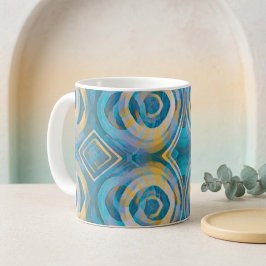 Caneca De Café Círculos e Diamantes em Batique Turquesa e Amarelo