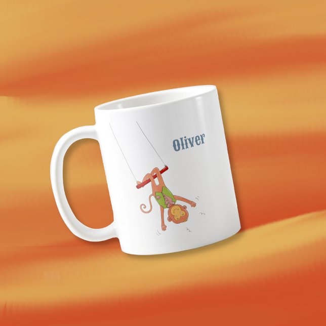 Caneca De Café Circus Monkey Acrobat Kid Personalized Mug (Circus cartoon monkey on a trapeze kid cocoa mug with name .)
