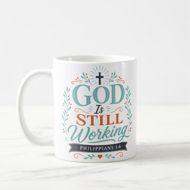 Caneca De Café Citação Cristã Espiritual Deus Ainda Está Trabalha (Esquerda)
