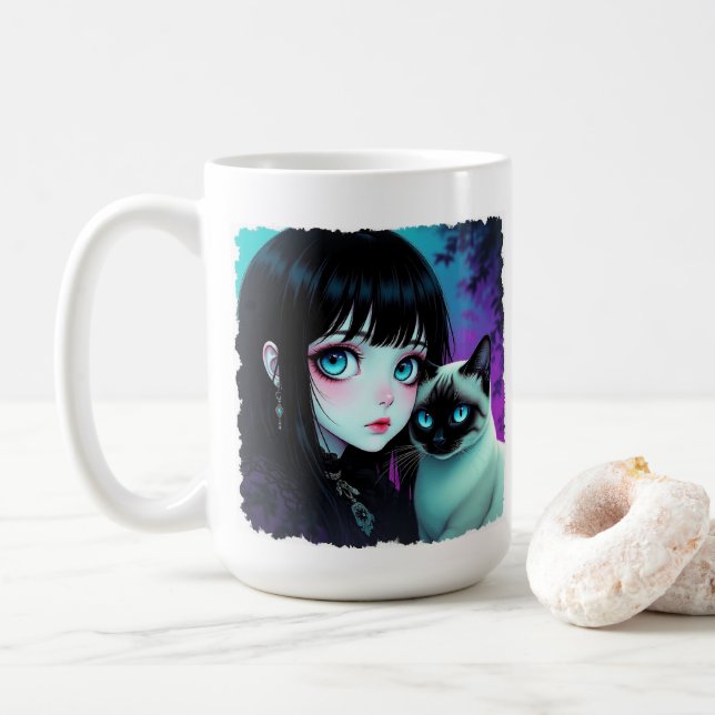 Caneca De Café Citação de Garota de Anime e Gato Siames (Com Donut)