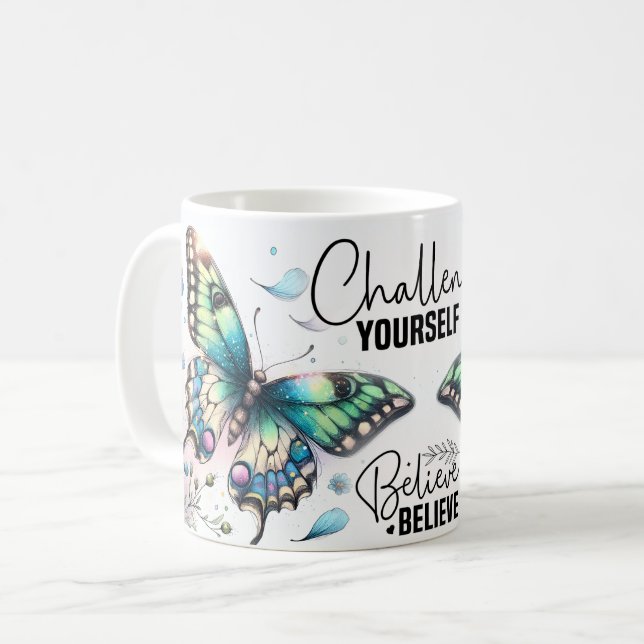 Caneca De Café Citação Inspiradora de Borboleta (Frente Esquerda)