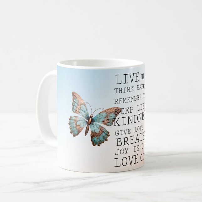 Caneca De Café Citações Inspiradoras Aqua Rosa Dourada Borboleta (Frente Esquerda)