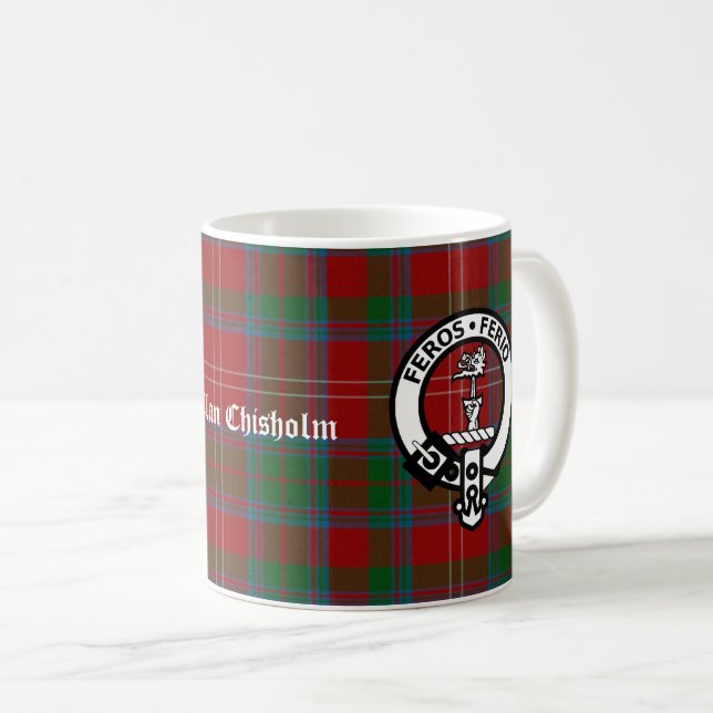 Caneca De Café Clan Chisholm Tartan & Crest Crachá (Frente Esquerda)