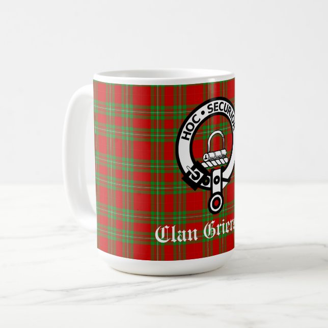 Caneca De Café Clan Grierson Crest Crachá e Tartan (Frente Esquerda)