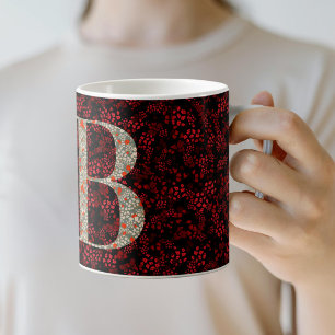 Caneca De Café Classe Elegante Floral Monograma B vermelho w/fras