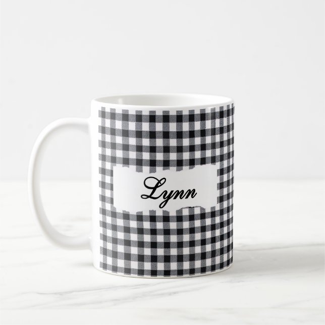 Caneca De Café Classic Black Gingham Personalized Name  (Esquerda)