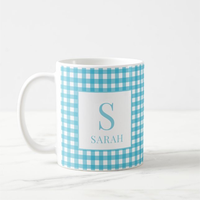 Caneca De Café Classic Blue Gingham Plaid Monogram Name (Esquerda)