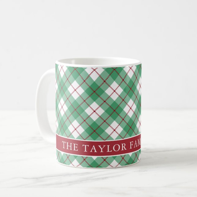 Caneca De Café Classic Green Argyle Plaid Preppy Family Name (Frente Esquerda)