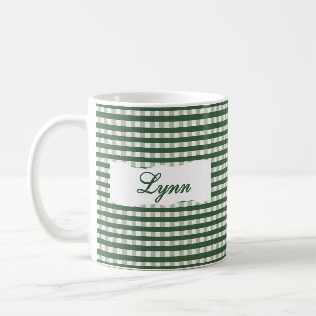Caneca De Café Classic Green Gingham Personalized Name  (Esquerda)