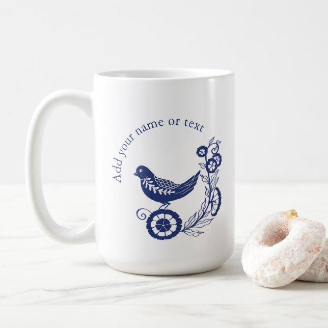 Caneca De Café Clássico Design de Pássaro em Azulejo Delft Azul H (Com Donut)