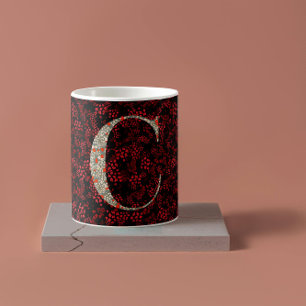 Caneca De Café Clássico Elegante Floral Monograma C vermelho w/fr