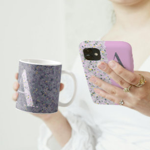 Caneca De Café Clássico Elegante Floral Monograma Um roxo com fra