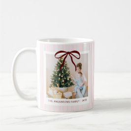 Caneca De Café Clássico Natal Listras Rosa Laço Vermelho