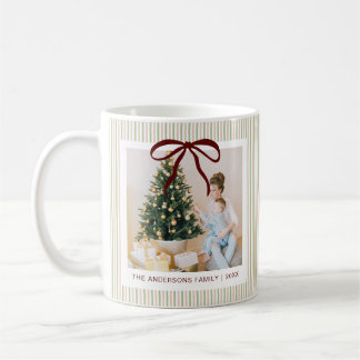 Caneca De Café Clássico Natal Rosa Listras Verdes Laço Vermelho
