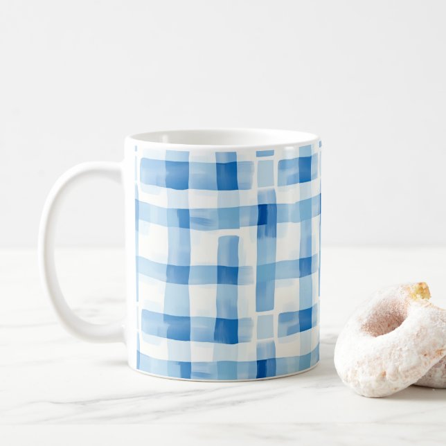 Caneca De Café Clássico Xadrez Azul e Branco Gingham (Com Donut)