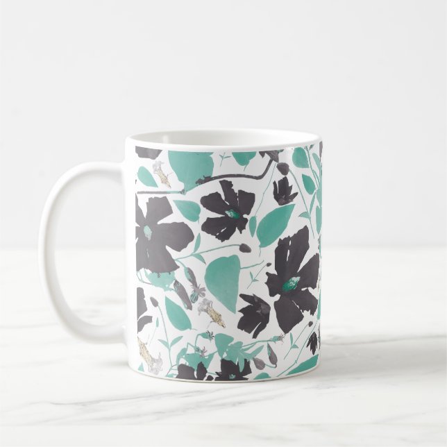 Caneca De Café Clematis Floral Pattern Teal Brown (Esquerda)