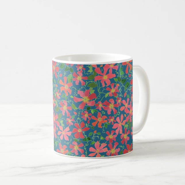 Caneca De Café Clematis Pink, Red, Orange Floral em Azul Profundo (Frente Esquerda)