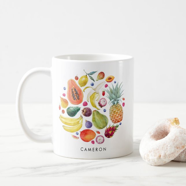 Caneca De Café Cluster Fruta Saudável de Aquarela Personalizado (Com Donut)
