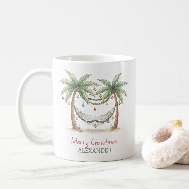 Caneca De Café Coastal Christmas Palm Trees With Hammock (Com Donut)