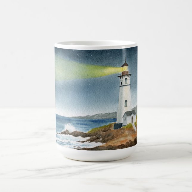 Caneca De Café Coastal Lighthouse with Light Beam (Centro)