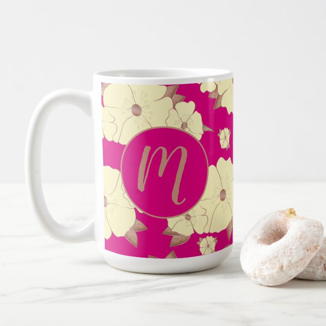 Caneca De Café Cobre Floral e Amarelo Pastel em Rosa Fuchsia (Com Donut)