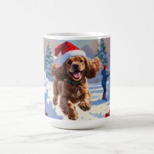 Caneca De Café Cocker Spaniel Correndo na Neve com Chapéu de Nata