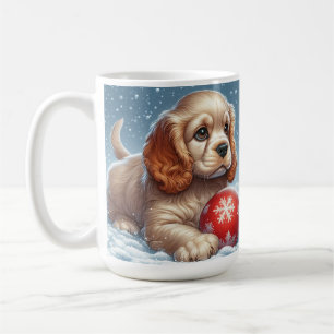 Caneca De Café Cocker Spaniel Puppy Descansa na Neve com uma bola