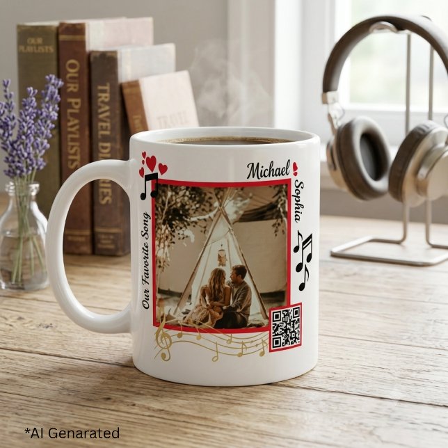 Caneca De Café Código QR de Música com Foto Moderna Vermelha e Do (Criador carregado)