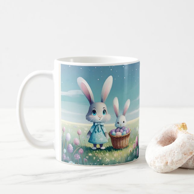 Caneca De Café Coelhinha de Páscoa e coelhinha de bebê com ovos (Com Donut)