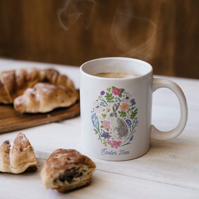 Caneca De Café Coelhinho e Flor Personalizados da Páscoa (Criador carregado)