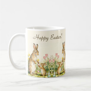 Caneca De Café Coelhinhos de Páscoa Vintage Feliz com Ovos Pintad