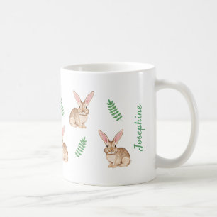 Caneca De Café Coelhinhos em Aquarela e Vegetação Fofa Páscoa