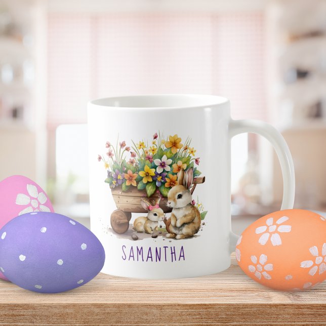 Caneca De Café Coelhinhos Fofos Nome Personalizado Menina Páscoa (Cute Bunnies Custom Name Girl Easter Coffee Mug)