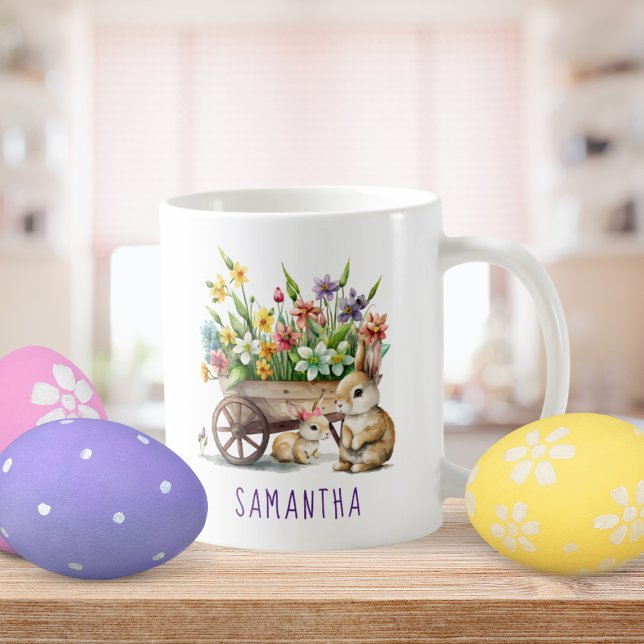 Caneca De Café Coelhinhos Fofos Personalizados Menina Páscoa (Cute Bunnies Personalized Easter Mug)