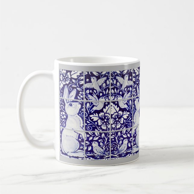Caneca De Café Coelho Azul e Branco e Arte Mural com Azulejo Flor (Esquerda)