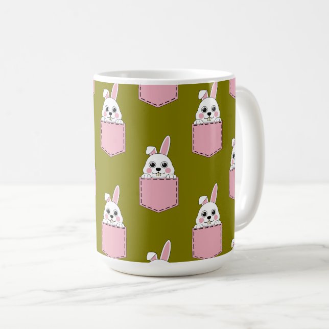 Caneca De Café Coelho Branco no Padrão de Bolso Rosa (Frente Esquerda)