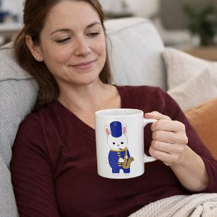 Caneca De Café Coelho da Banda Marcial Tocando Saxofone Fofo Azul
