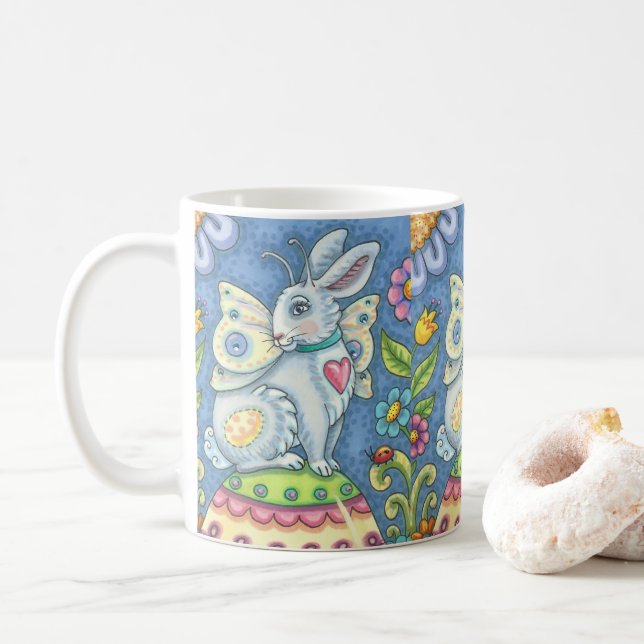 Caneca De Café COELHO DE FAIRY DE páscoa, NOME CLÁSSICO DE BUNNY  (Com Donut)