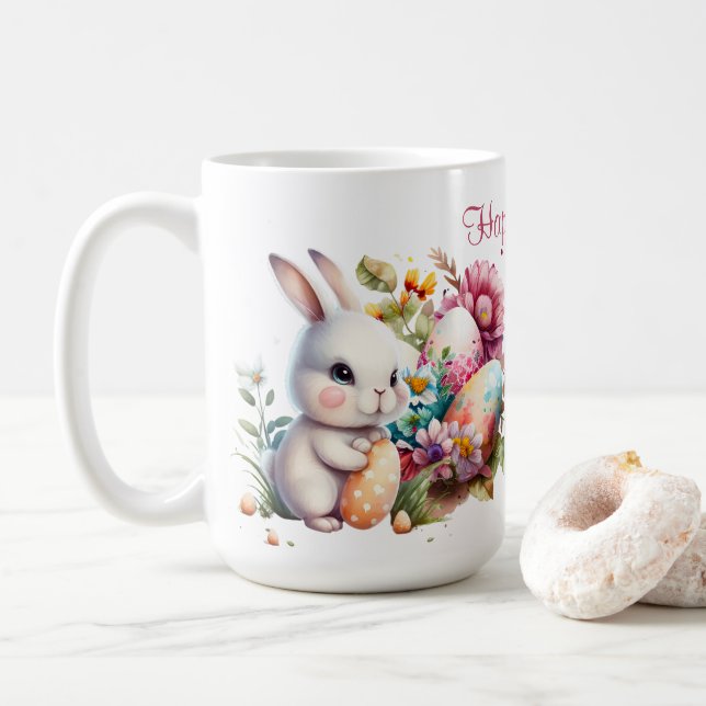 Caneca De Café Coelho de Páscoa Adorável em Aquarela e Texto (Com Donut)