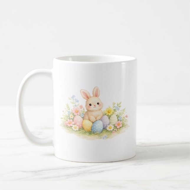 Caneca De Café Coelho de Páscoa em aquarela com ovos pastéis e Pr (Esquerda)