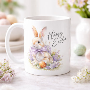 Caneca De Café Coelho de Páscoa em Aquarela Lilás Roxo Feliz Pásc