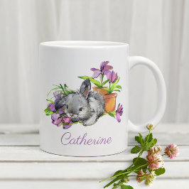 Caneca De Café Coelho de Páscoa Floral de Aquarela Personalizado