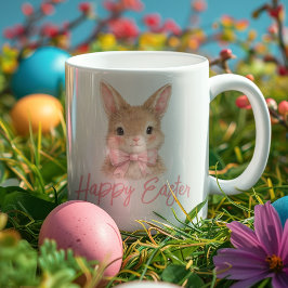 Caneca De Café Coelho em Aquarela com Laço Rosa | Coelhinho de Pá