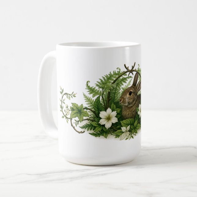 Caneca De Café Coelho em Folhagem Floral (Frente Esquerda)