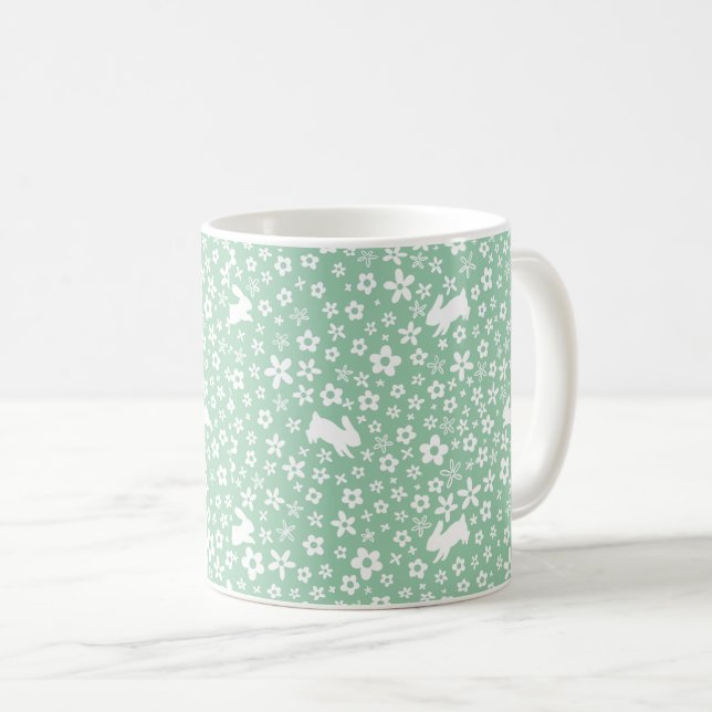 Caneca De Café Coelho Floral Verde Menta da Primavera (Frente Esquerda)