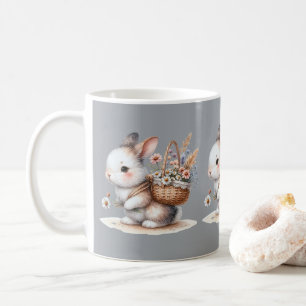 Caneca De Café Coelho Fofo com Flores Arte em Aquarela
