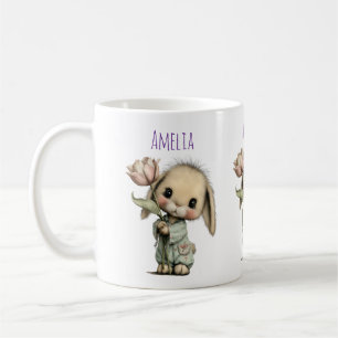 Caneca De Café Coelho Fofo Segurando um Tulipa
